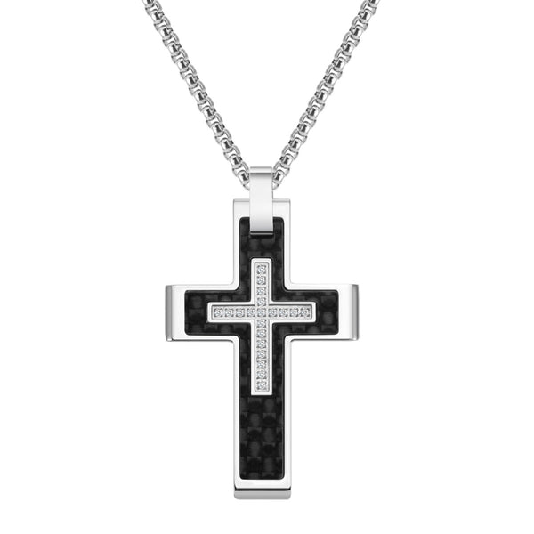 Titan by Adrian Gonzalez Stainless Steel 1/10 CTW Diamond 27X42MM 24" Carbon Fiber Cross Pendant