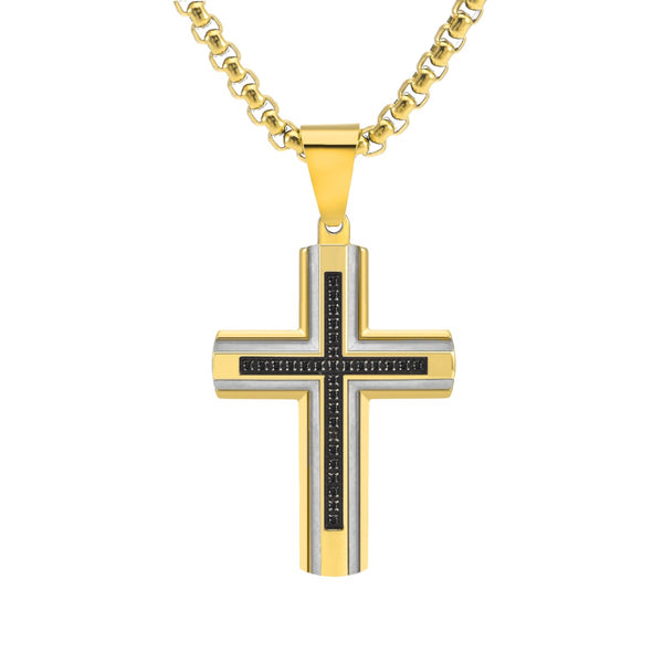 Titan by Adrian Gonzalez Yellow Stainless Steel 1/6 CTW Diamond 27X37MM 24" Cross Pendant