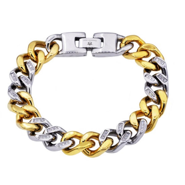 Stainless Steel Cubic Zirconia 8.5" Miami Cuban Link Two-Tone Bracelet