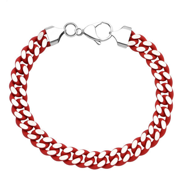 Stainless Steel 8.25" 9.5MM Curb Red Enamel Rubber Coating Bracelet