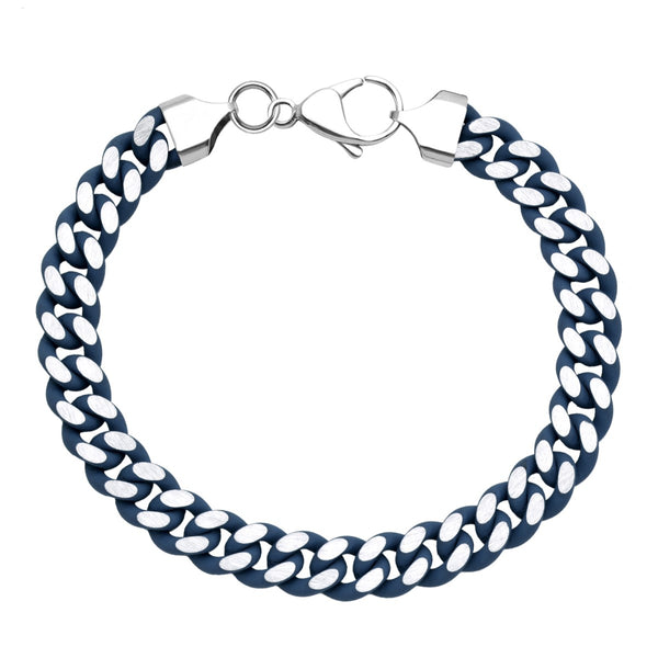Blue Stainless Steel 8.25" 9.5MM Curb Enamel Rubber Coating Bracelet