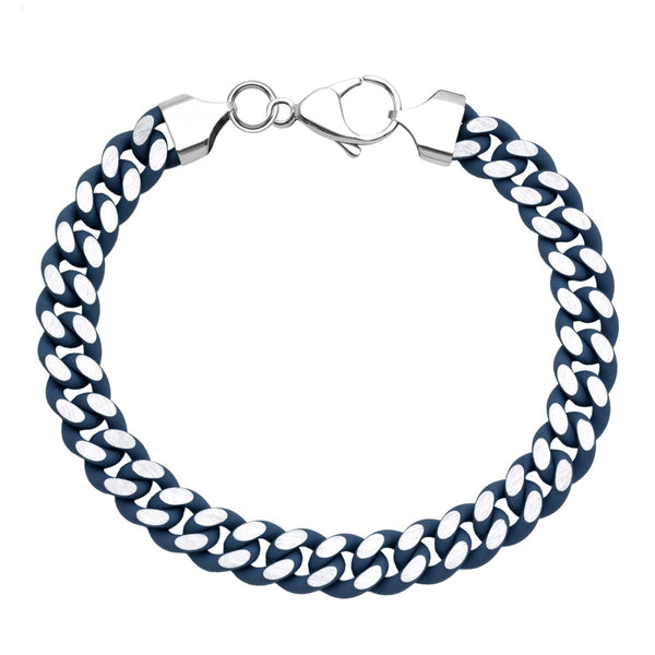 Blue Stainless Steel 8.25" 9.5MM Curb Enamel Rubber Coating Bracelet