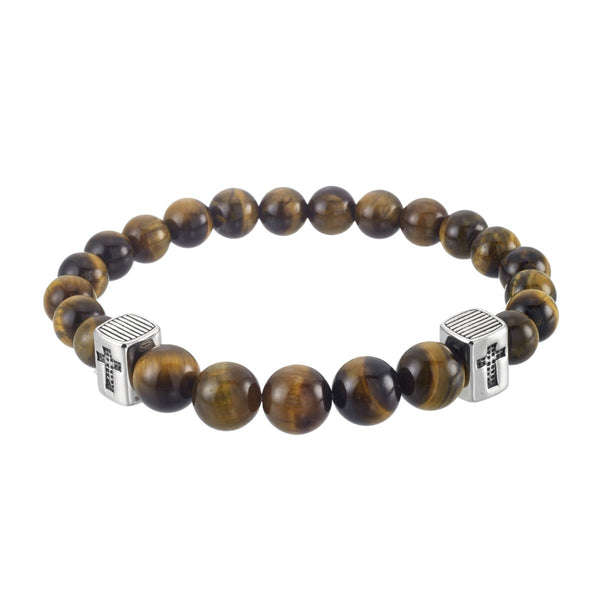 King by Simone I Smith Stainless Steel and Tiger Eye 8" Stretch Bead Cross Bracelet