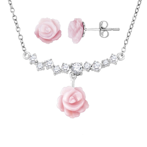 Platinum Plated Sterling Silver Mother of Pearl and Cubic Zirconia 18" Flower 2-Piece Box Set Pendant