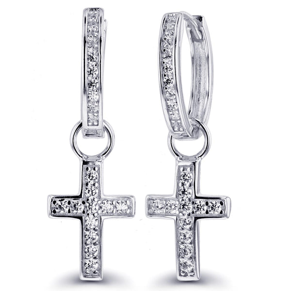 Luxe Layers Rhodium Plated Sterling Silver Round Cubic Zirconia 9X30MM Cross Hoop Drop & Dangle Earrings