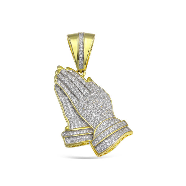 Luxe Layers 14KT Yellow Gold Plated Sterling Silver Cubic Zirconia 46X24MM Religious Praying Hand Pendant-Chain Not Included