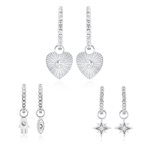 Sterling Silver 3-Pair Heart Star Hamsa Earrings