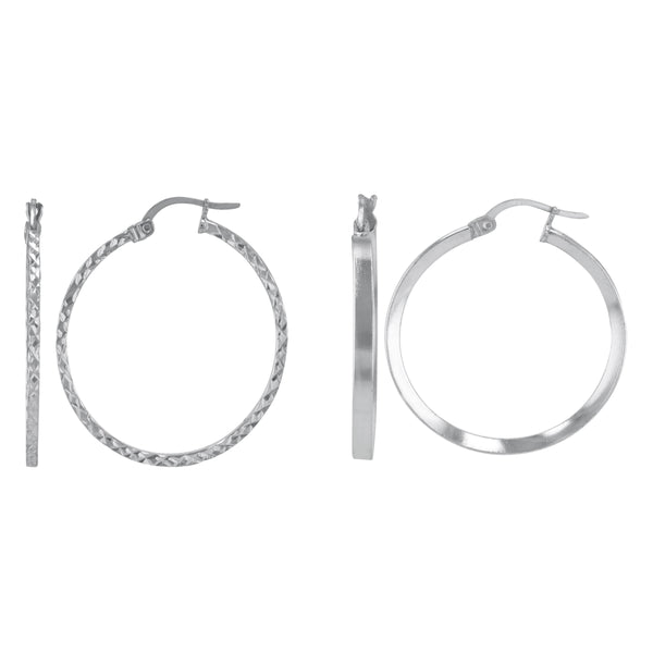 Sterling Silver 1.5X30MM and 2X30MM 2-Pair Hoop Earrings Set