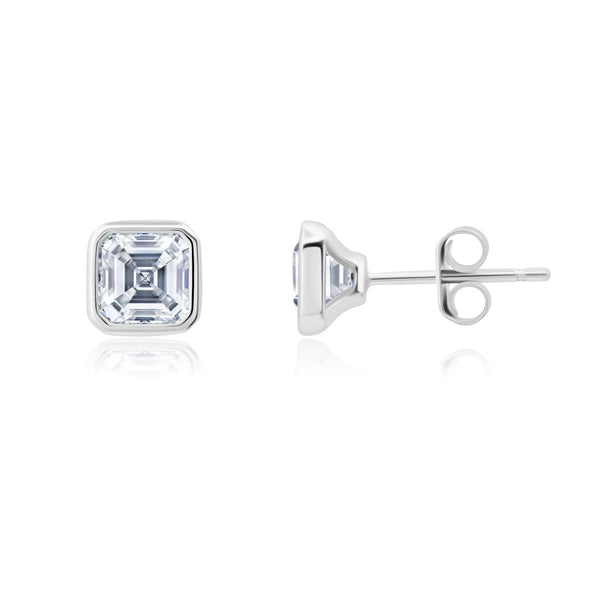 Crislu Platinum Plated Sterling Silver Asscher Cubic Zirconia Solitaire Stud Earrings