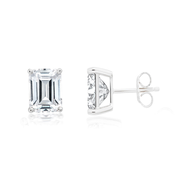 Crislu Platinum Plated Sterling Silver Emerald Shape Cubic Zirconia Solitaire Stud Earrings