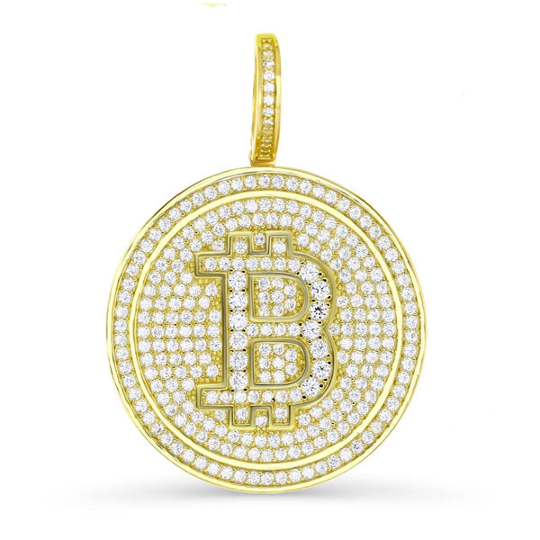 Luxe Layers 14KT Yellow Gold Plated Sterling Silver Cubic Zirconia 30MM Bitcoin Pendant-Chain Not Included