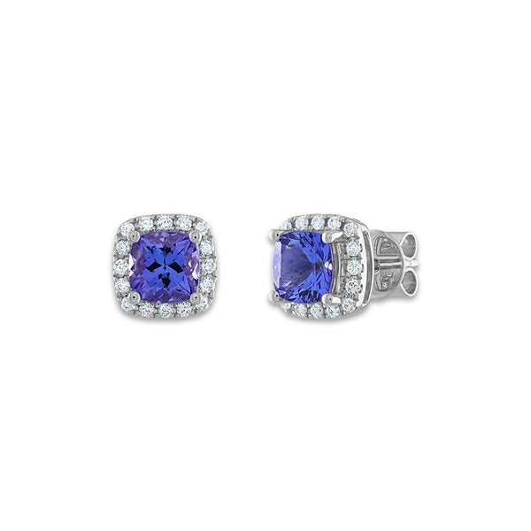 5MM Cushion Tanzanite and Diamond Halo Stud Earrings in 14KT White Gold