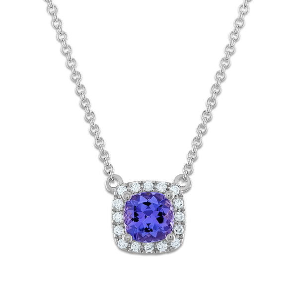 5MM Cushion Tanzanite and Diamond Halo 18" Necklace in 14KT White Gold