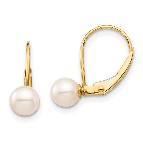 5MM Round Pearl Leverback Earrings in 14KT Yellow Gold