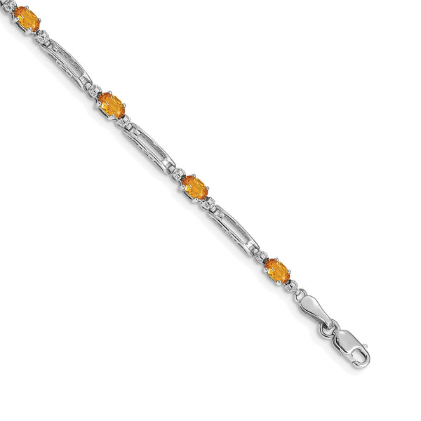 5X3MM Oval Citrine and Diamond Tennis 7" Bracelet in 14KT White Gold