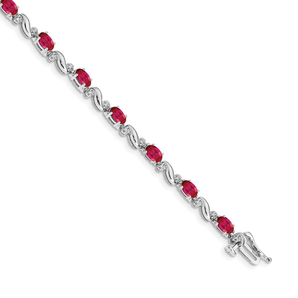 5X3MM Oval Ruby and Diamond Tennis 7" Bracelet in 14KT White Gold