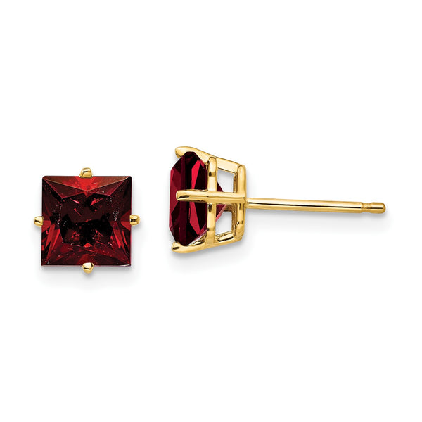 6MM Princess Cut Garnet Stud Earrings in 14KT Yellow Gold