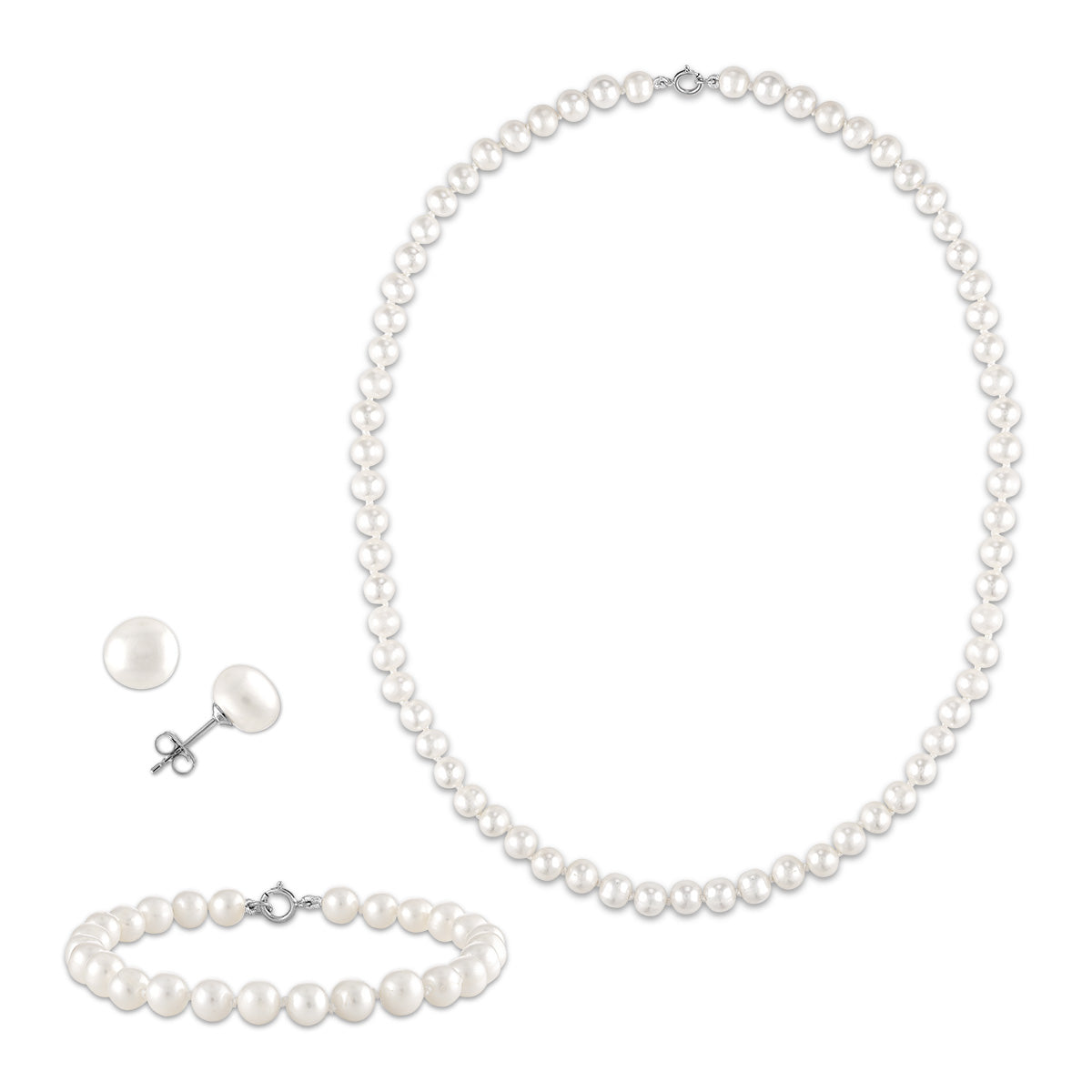 Sterling silver pearl necklace and earrings set clearance