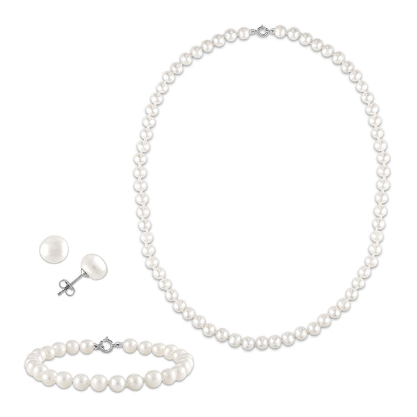 6MM Pearl Necklace Bracelet and Earrings Set in Sterling Silver