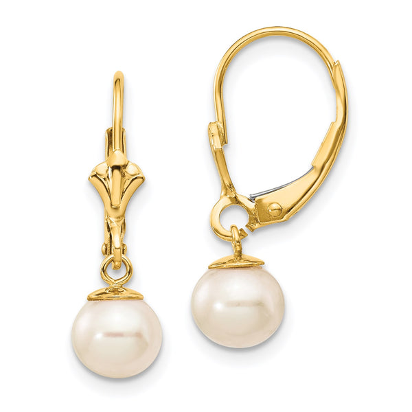6MM Round Pearl Leverback Earrings in 14KT Yellow Gold