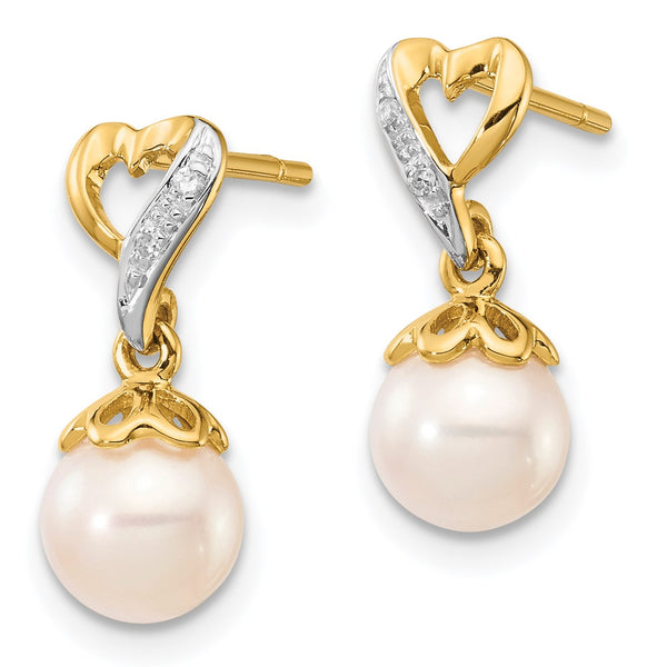 6MM Round Pearl and Diamond Drop & Dangle Heart Earrings in 14KT Yellow Gold