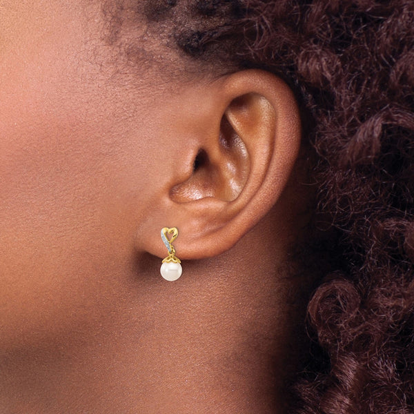 6MM Round Pearl and Diamond Drop & Dangle Heart Earrings in 14KT Yellow Gold