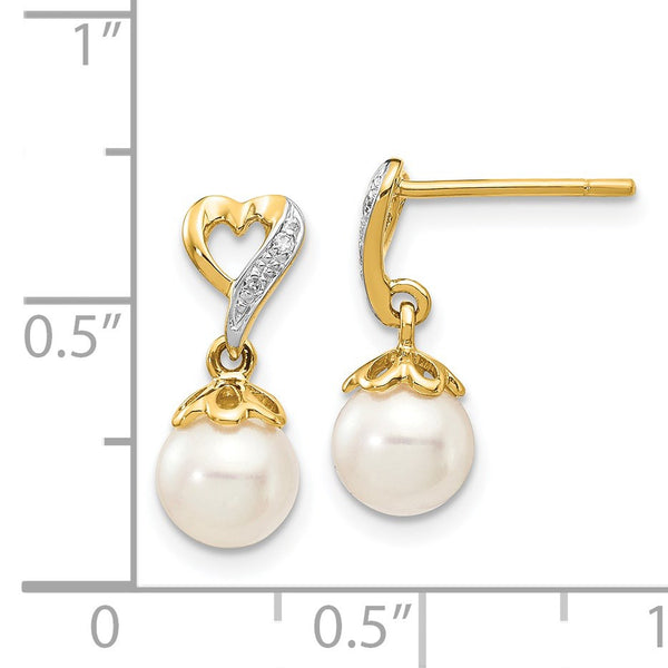 6MM Round Pearl and Diamond Drop & Dangle Heart Earrings in 14KT Yellow Gold