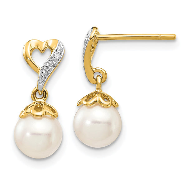 6MM Round Pearl and Diamond Drop & Dangle Heart Earrings in 14KT Yellow Gold