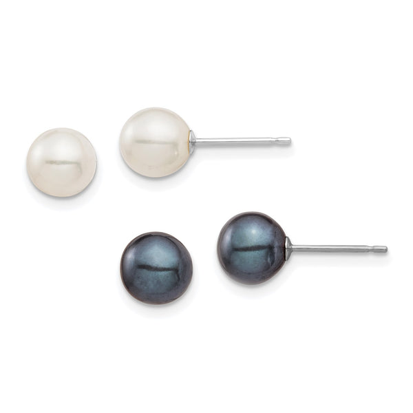 6MM Round White and Black Pearl 2-Pair Stud Earrings in 14KT White Gold