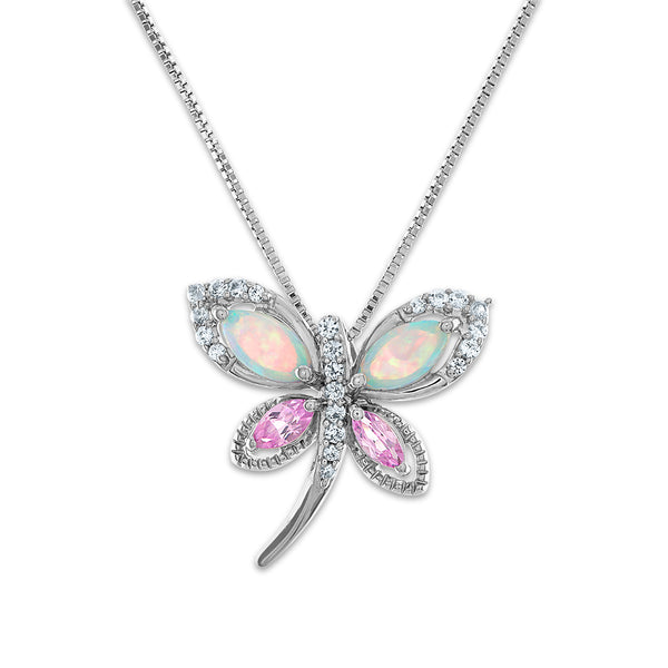 6X3MM Marquise Opal and Pink Sapphire Butterfly 18" Pendant in Sterling Silver