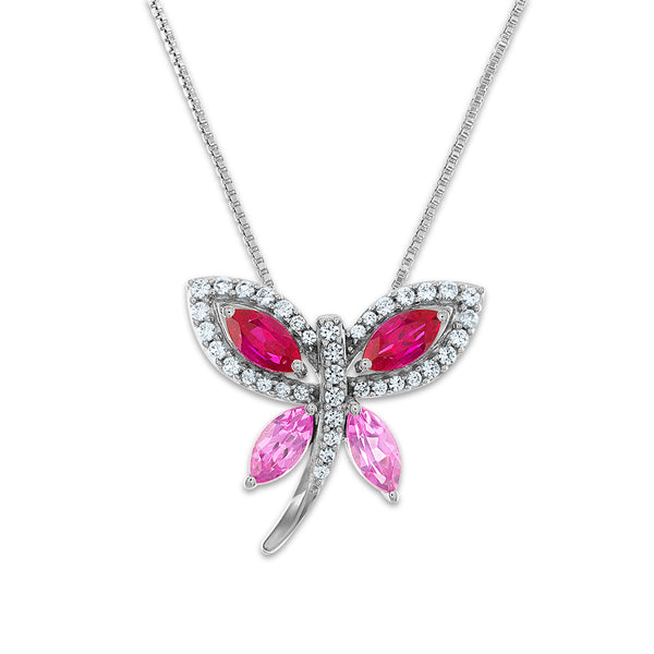 6X3MM Marquise Ruby and Pink Sapphire Butterfly 18" Pendant in Sterling Silver