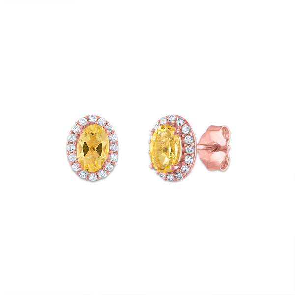 6X4MM Oval Citrine and Sapphire Birthstone Halo Stud Earrings in 10KT Rose Gold