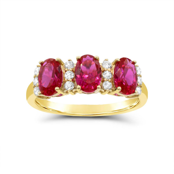6X4MM Oval Ruby and White Sapphire Three Stone Ring in 10KT Yellow Gold