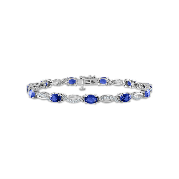 6X4MM Oval Blue Sapphire and White Sapphire Infinity 7" Bracelet in Sterling Silver
