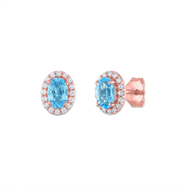 6X4MM Oval Swiss Blue Topaz and Sapphire Birthstone Halo Stud Earrings in 10KT Rose Gold