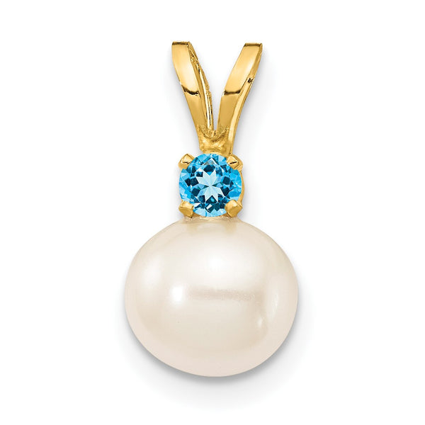 6X7MM Round Pearl and Blue Topaz Pendant-Chain Not Included in 14KT Yellow Gold
