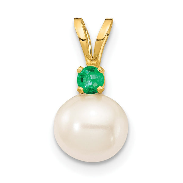 6X7MM Round Pearl and Emerald Pendant-Chain Not Included in 14KT Yellow Gold