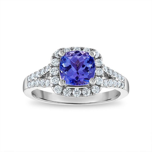 7MM Cushion Tanzanite and Diamond Halo Ring in 14KT White Gold