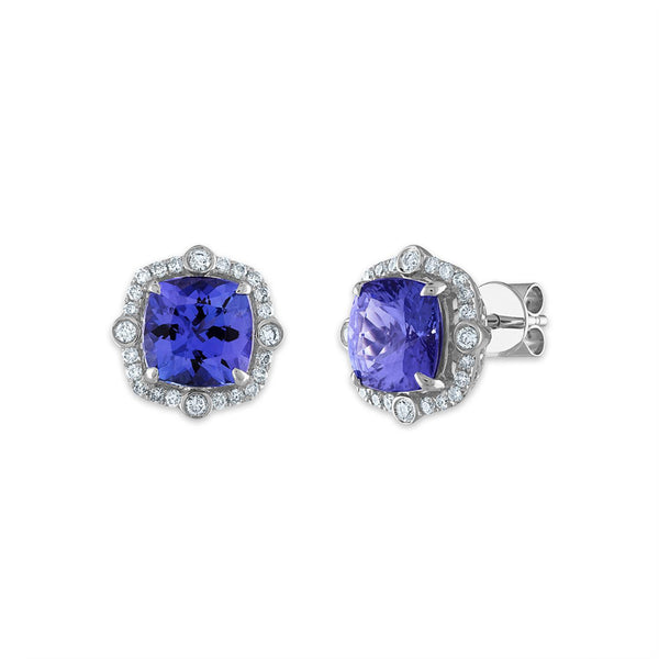 7MM Cushion Tanzanite and Diamond Halo Stud Earrings in 14KT White Gold