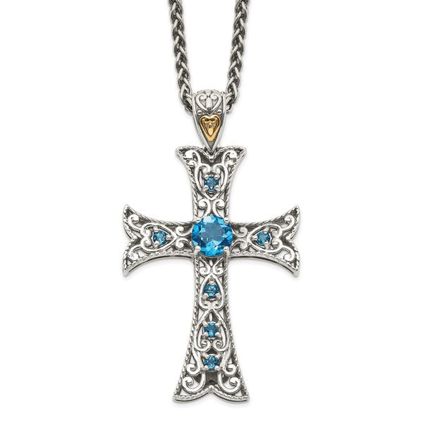 7MM Round London Blue Topaz Cross 18" Pendant in Sterling Silver