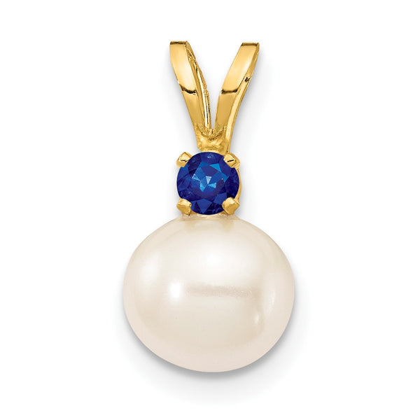 7MM Round Pearl and Blue Sapphire Pendant-Chain Not Included in 14KT Yellow Gold