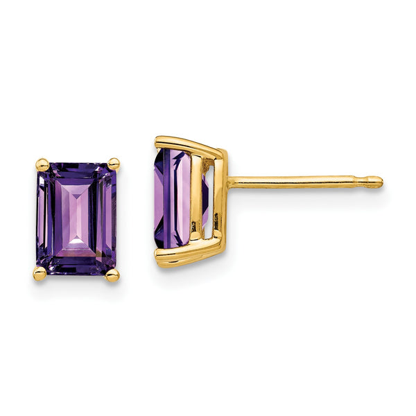 7X5MM Emerald Shape Amethyst Stud Earrings in 14KT Yellow Gold