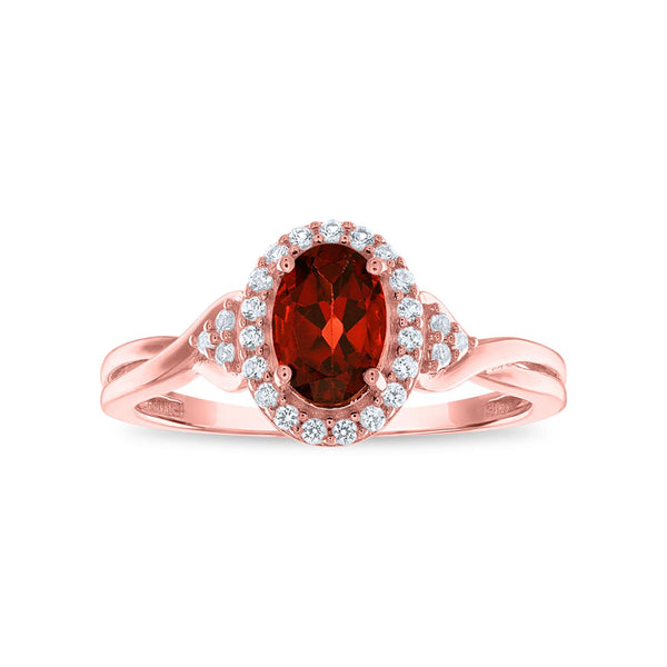 7X5MM Oval Garnet and White Sapphire Birthstone Halo Ring in 10KT Rose Gold