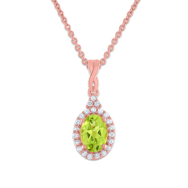 7X5MM Oval Peridot and Sapphire Birthstone Halo 18" Pendant in 10KT Rose Gold