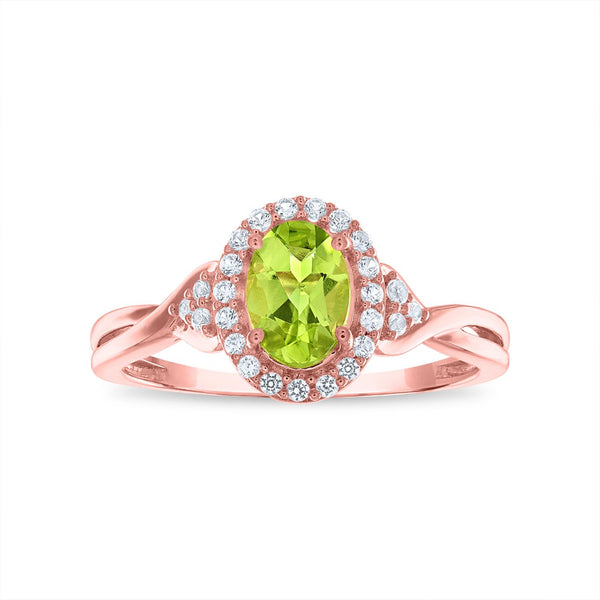 7X5MM Oval Peridot and White Sapphire Birthstone Halo Ring in 10KT Rose Gold