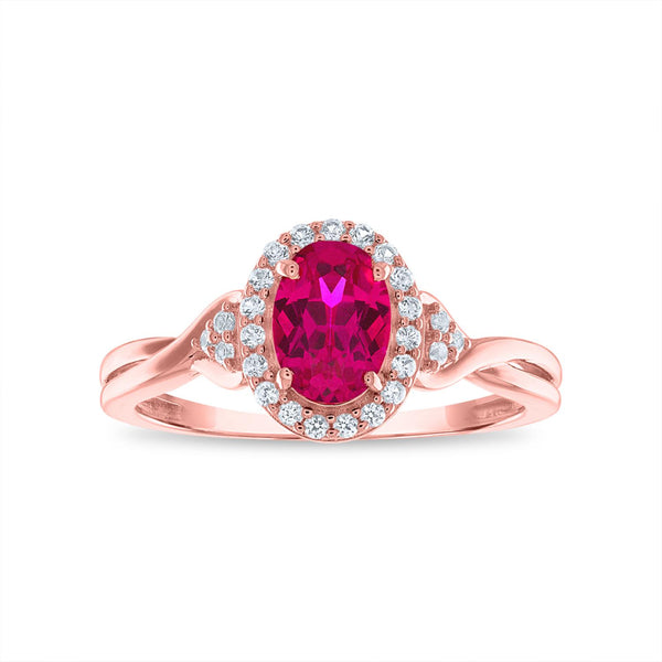 7X5MM Oval Ruby and White Sapphire Birthstone Halo Ring in 10KT Rose Gold