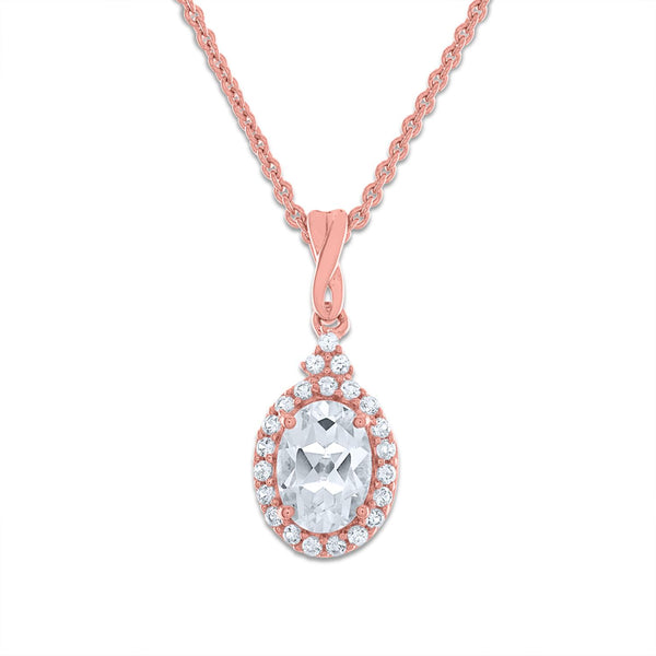 7X5MM Oval Topaz and Sapphire Birthstone Halo 18" Pendant in 10KT Rose Gold