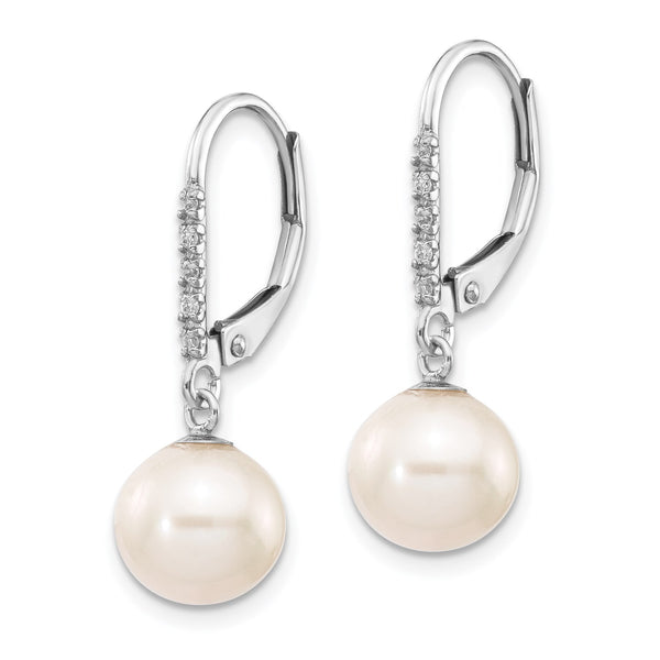8MM Round Pearl and Diamond Leverback Earrings in 14KT White Gold