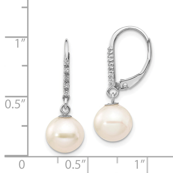 8MM Round Pearl and Diamond Leverback Earrings in 14KT White Gold