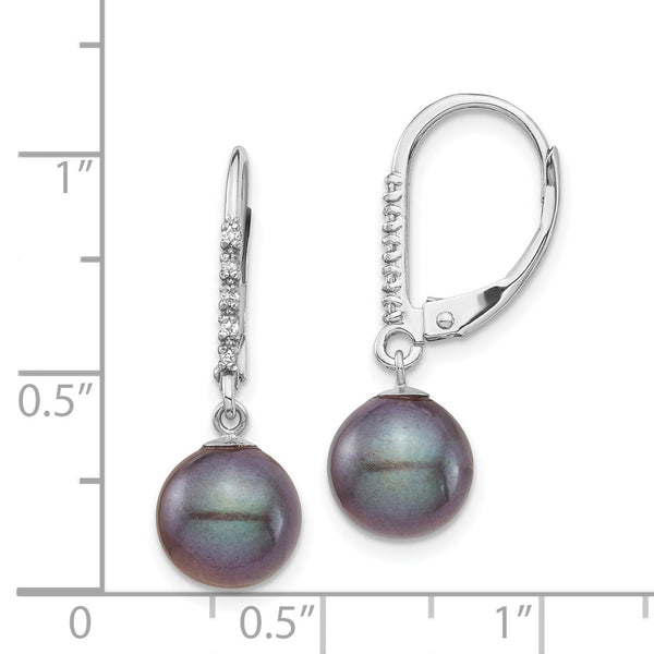 8MM Round Pearl and Diamond Leverback Earrings in 14KT White Gold